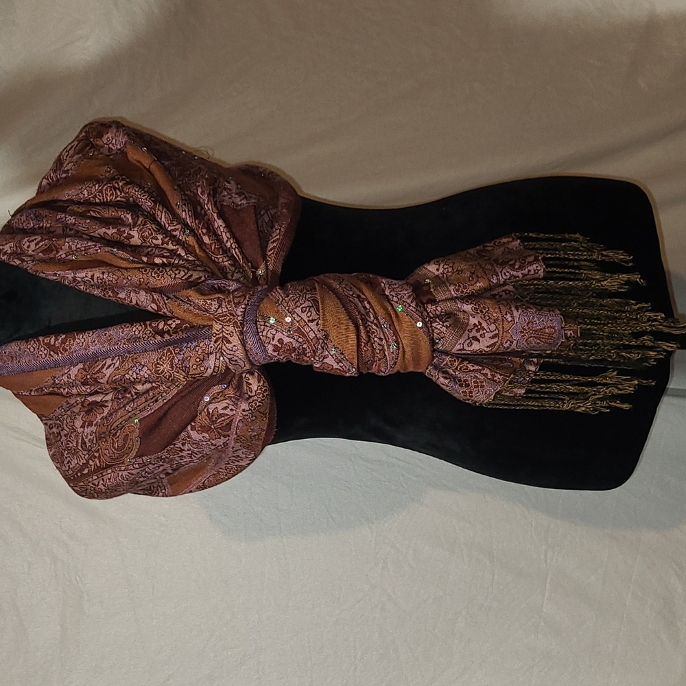 Pashminas or Stole type Scarf Browns, Mustard, And Purple Paisley With Fringe